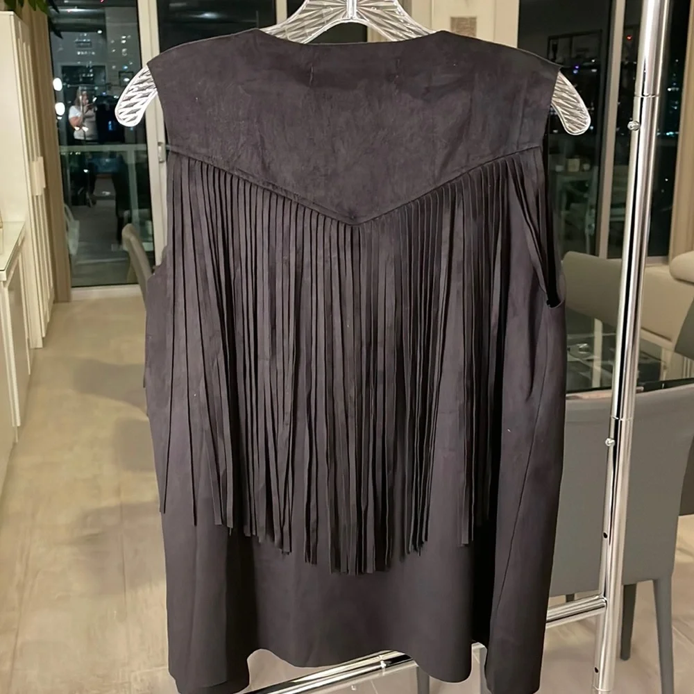NWT Vintage Havana fringe black suede like vest - Picture 2 of 8